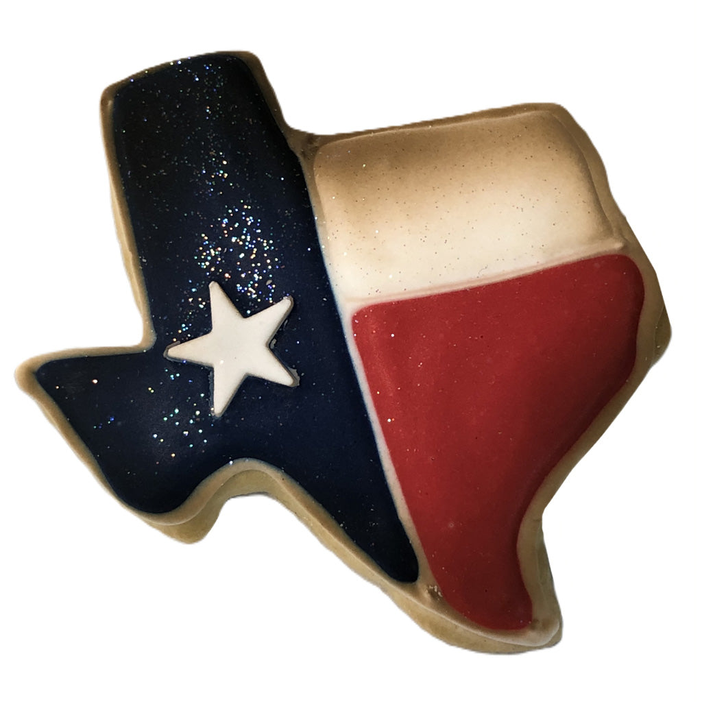Texas-shaped cookie decorated with the Texas flag design.