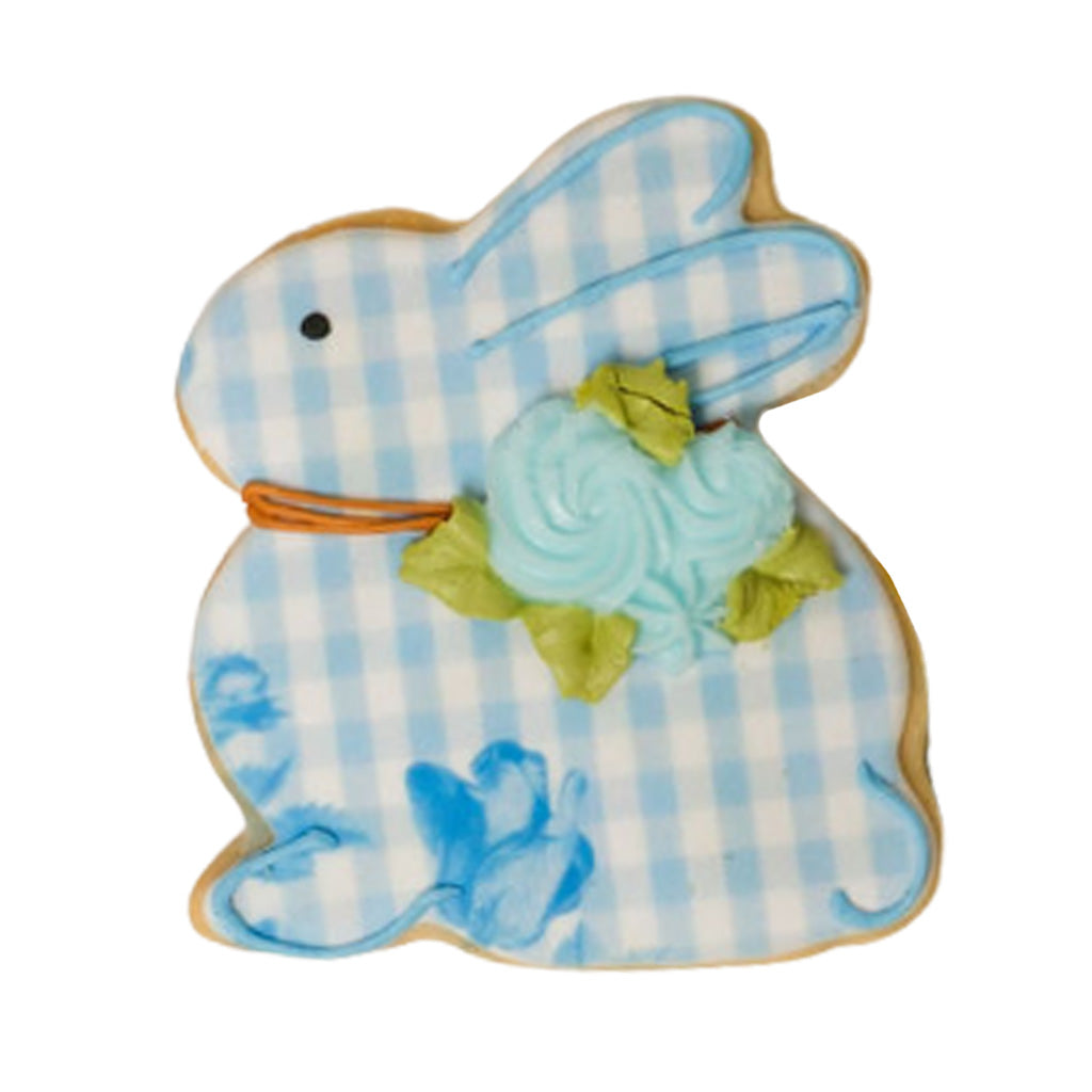 Easter butter cookie shaped like a blue gingham bunny.