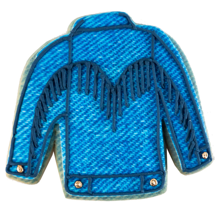 Cowboy Couture cookie shaped like a blue denim fringe jacket.