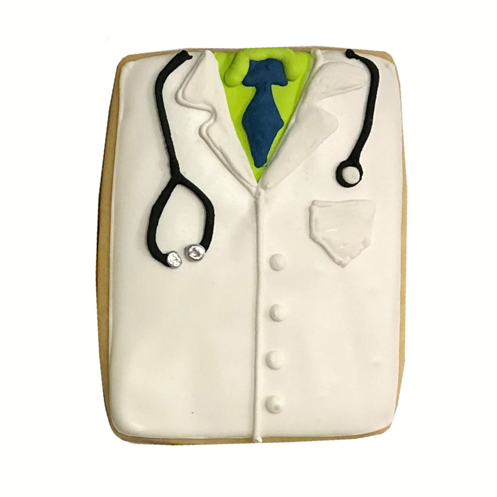 Doctor coat cookie with stethoscope and blue tie icing.