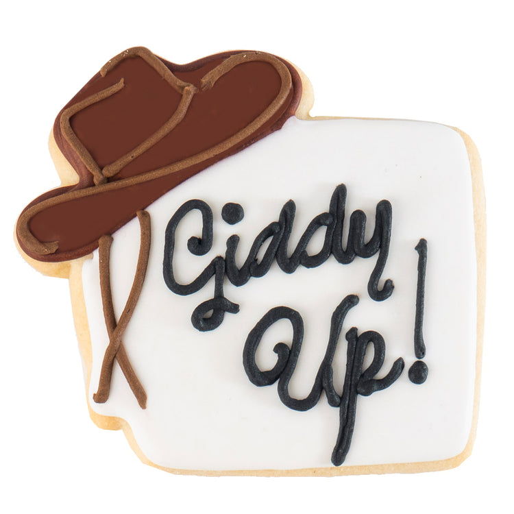 Texas icon cookie with brown cowboy hat and Giddy Up text