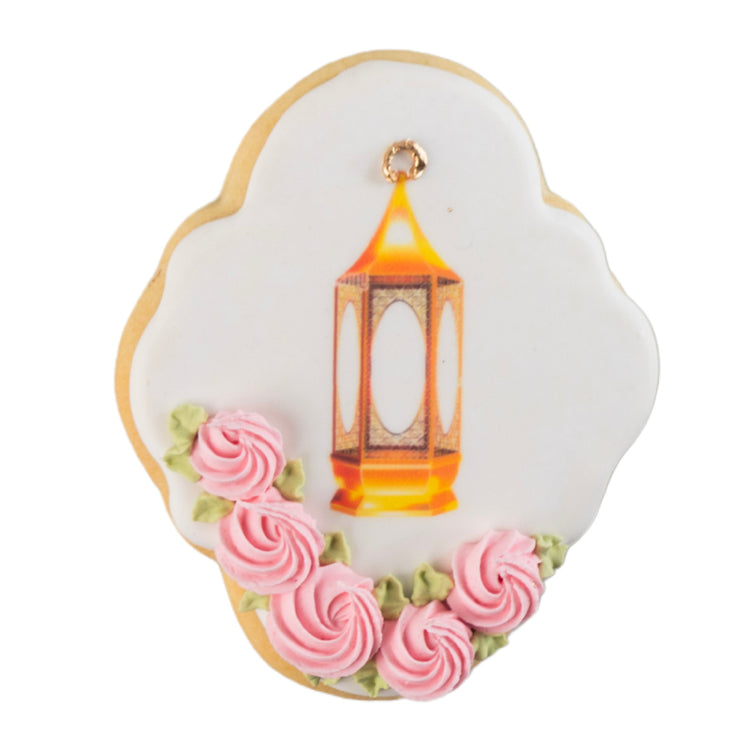 Ramadan butter cookie with lantern print and pink icing roses