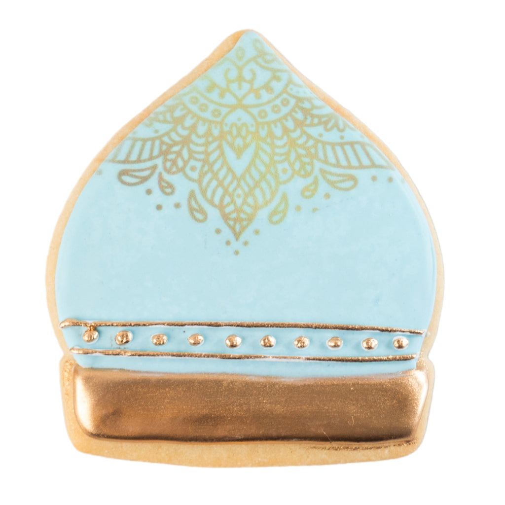 Ramadan Eid butter cookie shaped like a blue and gold mosque.