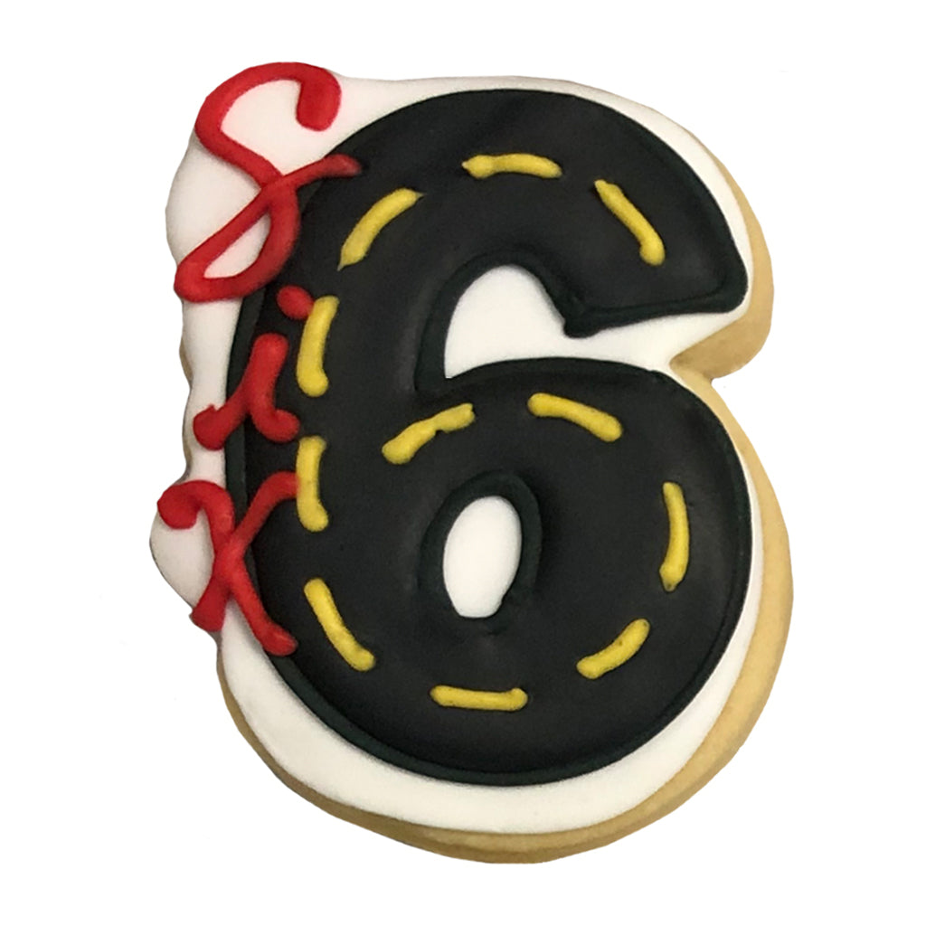 Speed Racer number 6 cookie with a black road design