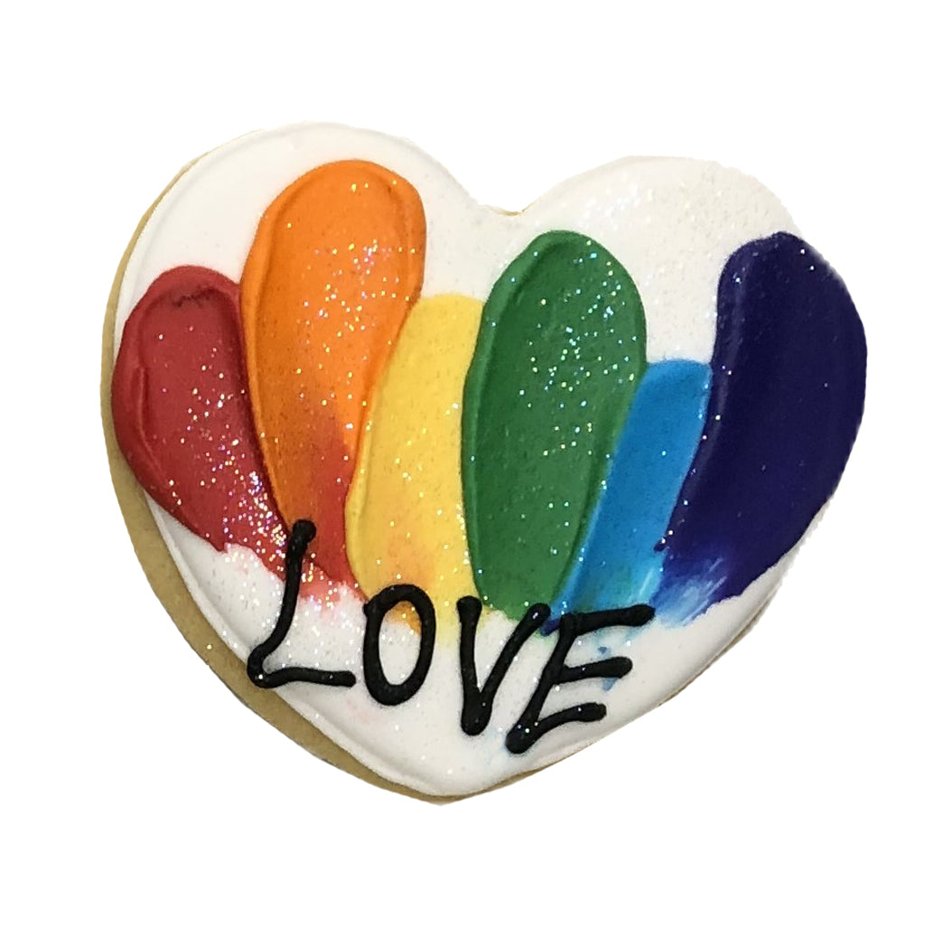 Rainbow Love heart cookie with glittery painted stripes.