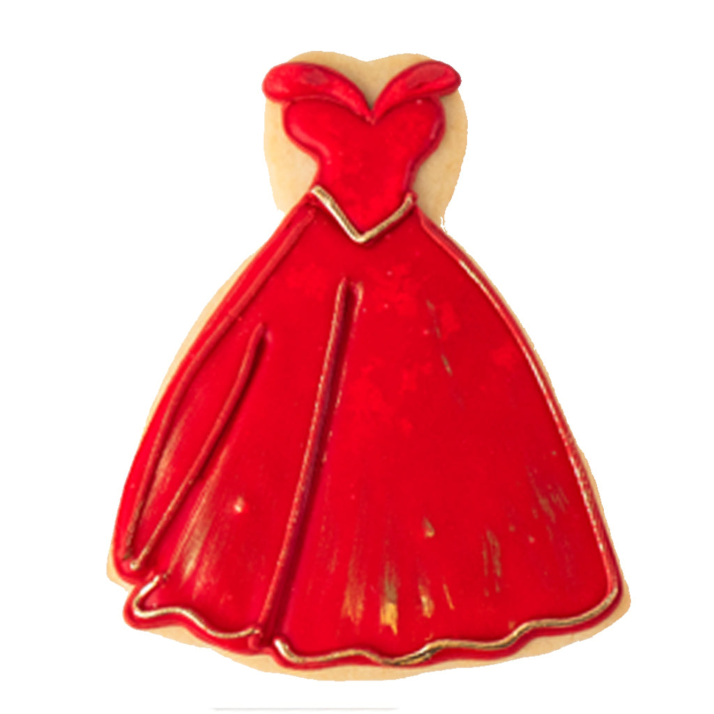 Academy Awards cookie shaped like a red ballgown with gold trim.