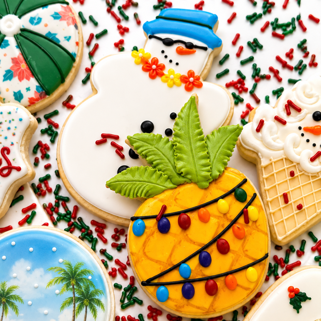 Assorted Christmas in July cookies with festive icing.