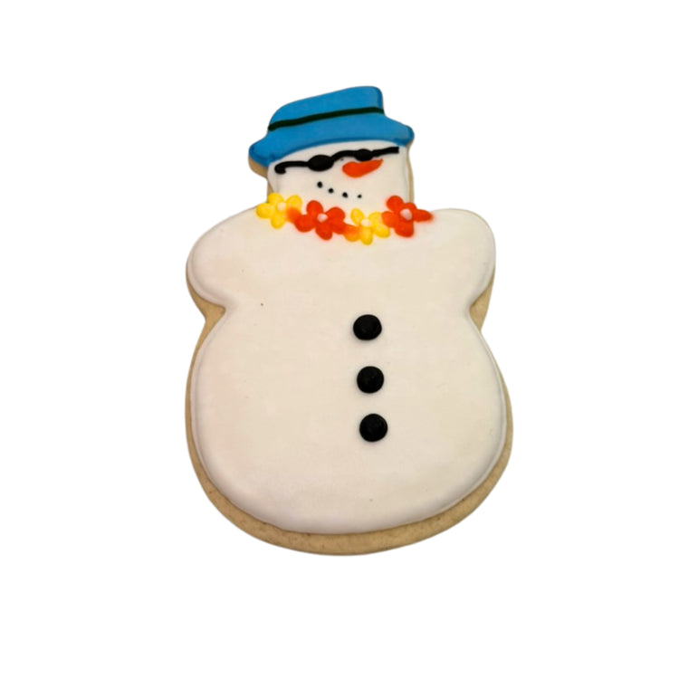 Christmas in July snowman cookie with blue hat and floral lei