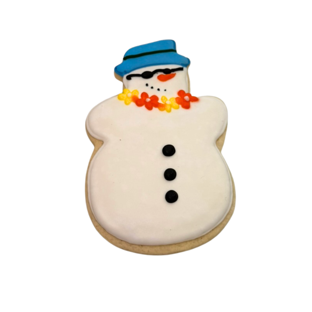 Christmas in July snowman cookie with blue hat and floral lei