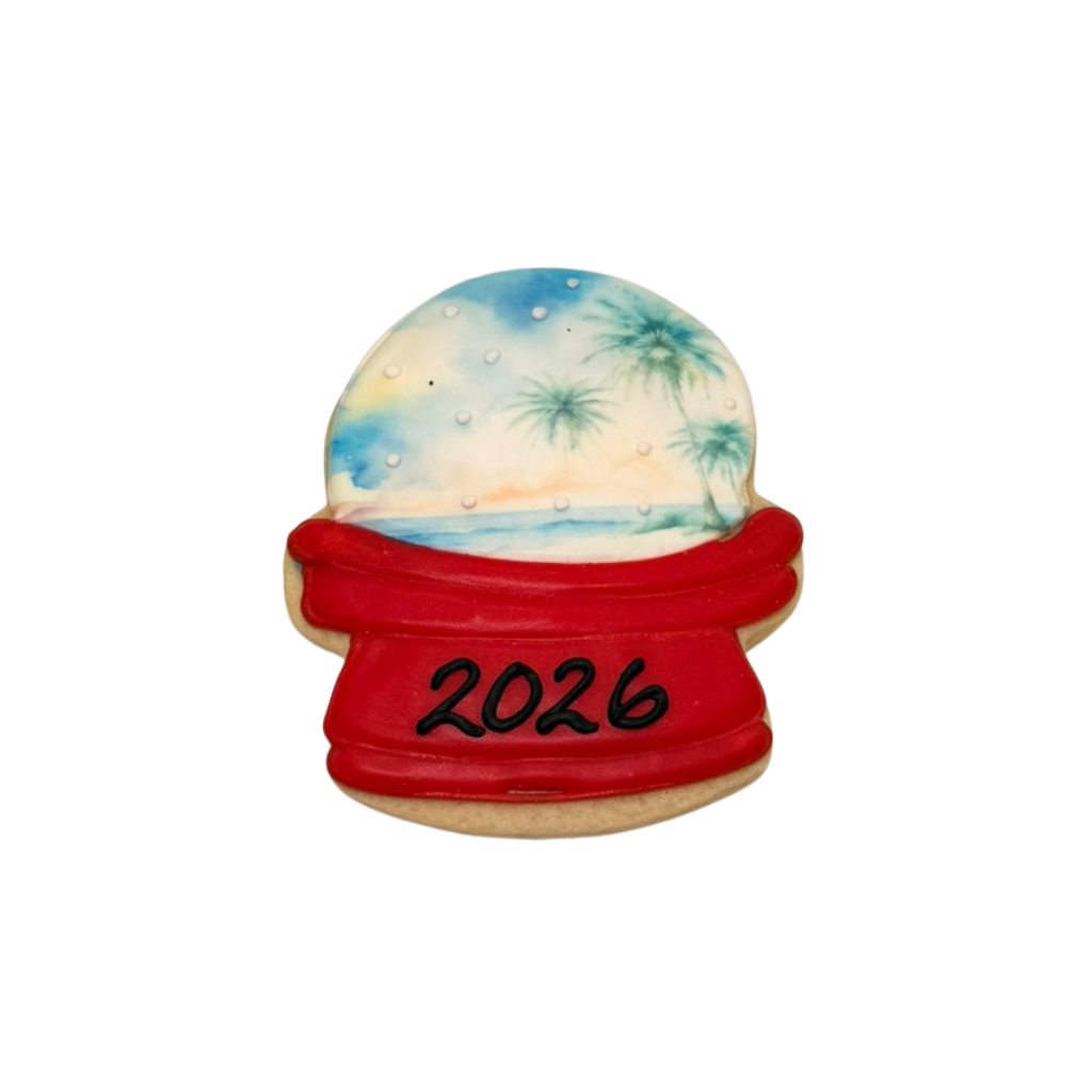 Christmas in July snow globe cookie with 2026 label
