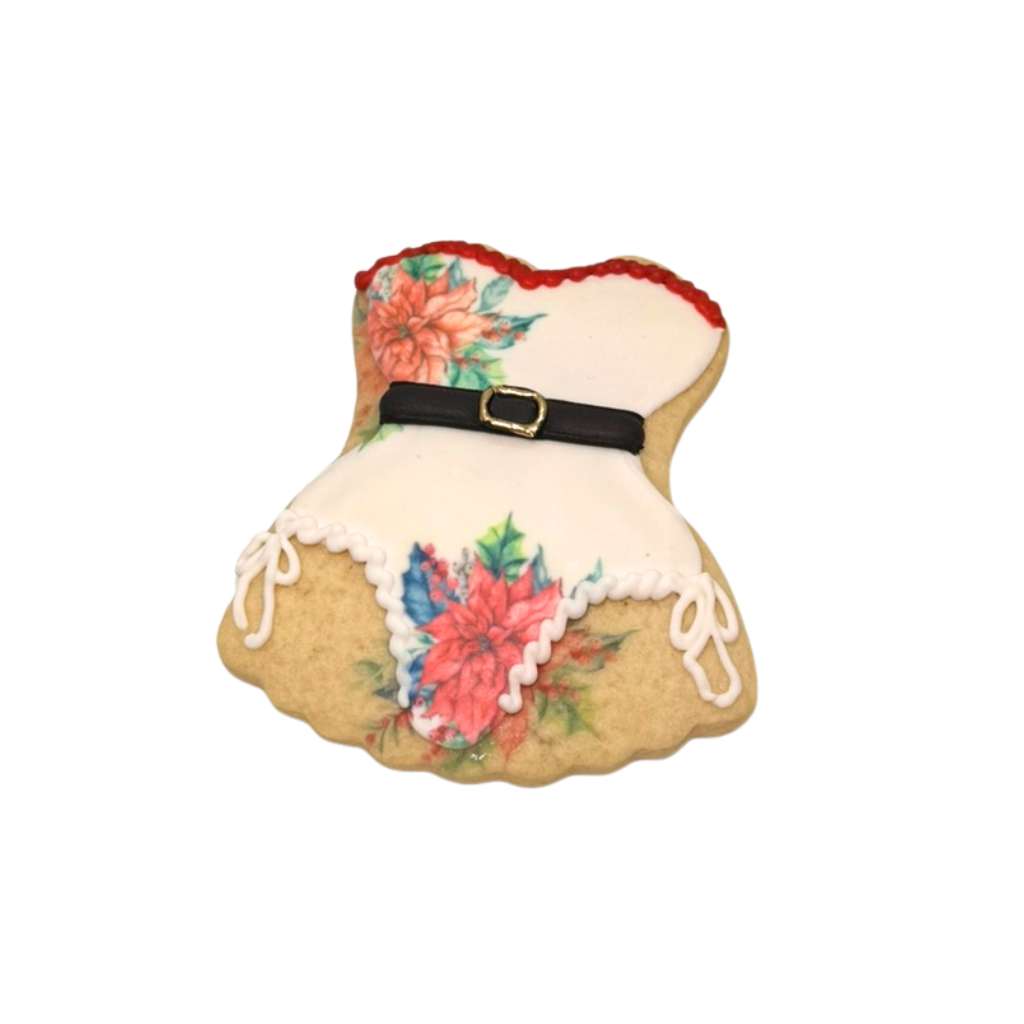 Christmas in July corset cookie with poinsettia print