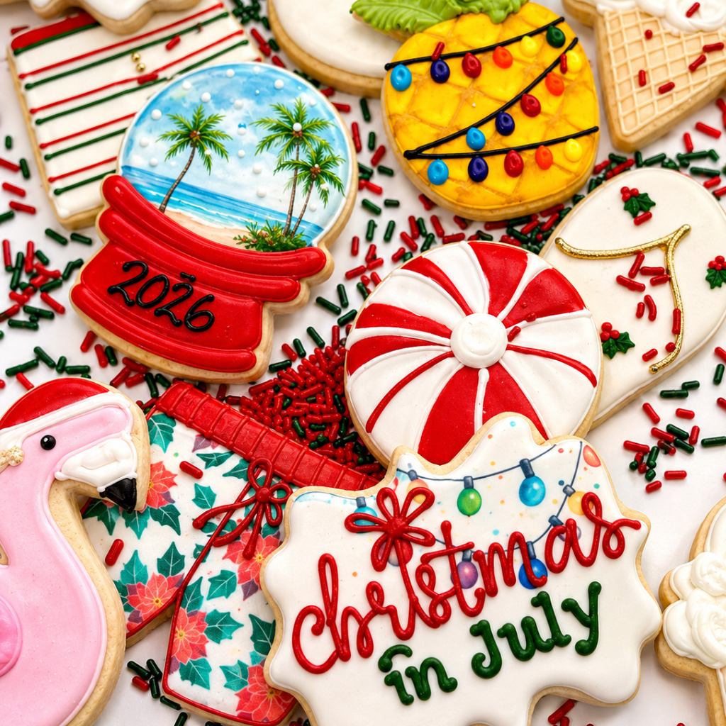 Assorted Christmas in July cookies with festive icing.