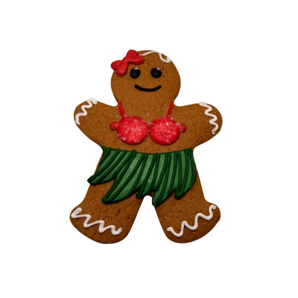 Vacation GingerPeople cookie wearing a red bikini and hula skirt