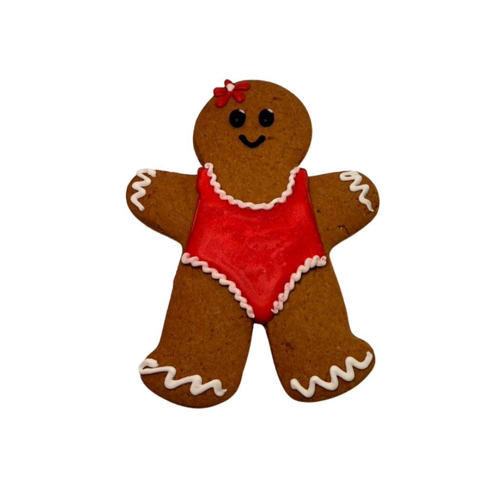 Vacation GingerPeople cookie wearing a red swimsuit