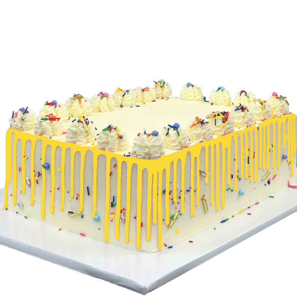 Luscious lemon sheet cake with yellow drip and sprinkles.