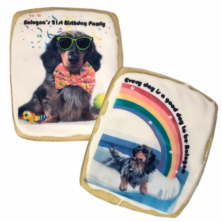 Custom photo logo cookies featuring dachshunds and text.
