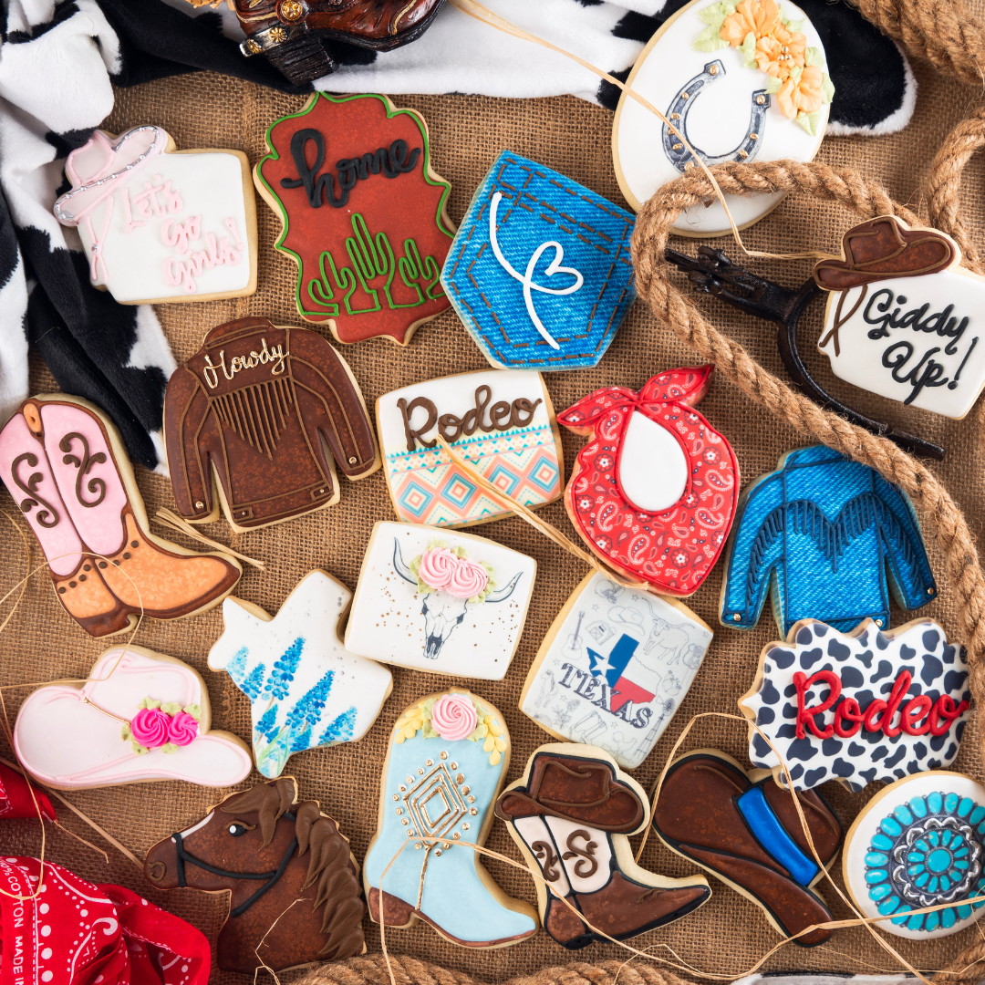Assorted Rodeo Cookies with western-themed icing designs