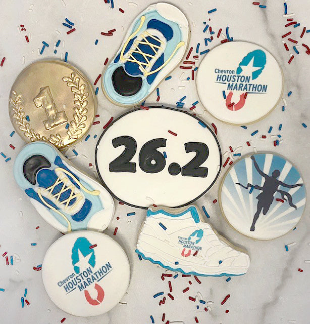 Chevron Houston Marathon themed cookies with 26.2 and sneakers.