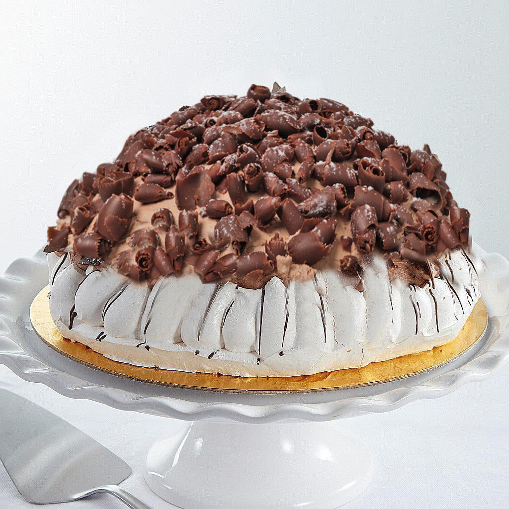 9-inch non-dairy chocolate vacherin topped with curls.