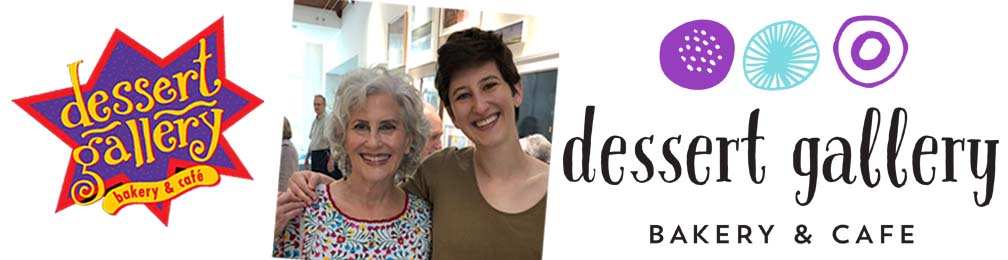 Dessert Gallery Bakery & Cafe logos flanking two smiling women.